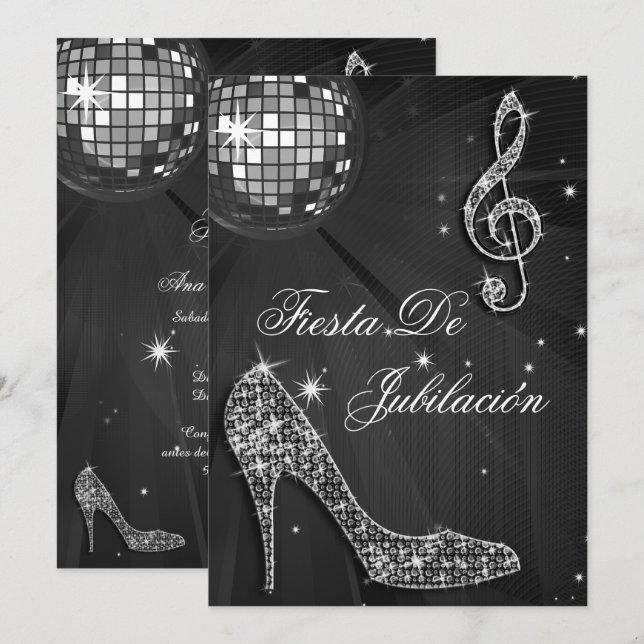 Invitation Boule de discothèque, talons scintillants Retraite (Devant / Derrière)
