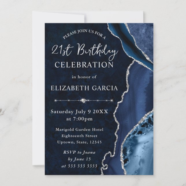 Invitation Boule de fête en agate et marbre bleu et argent pa (Devant)