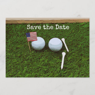 Invitation Boule de golf avec drapeau d'Amérique sur herbe ve
