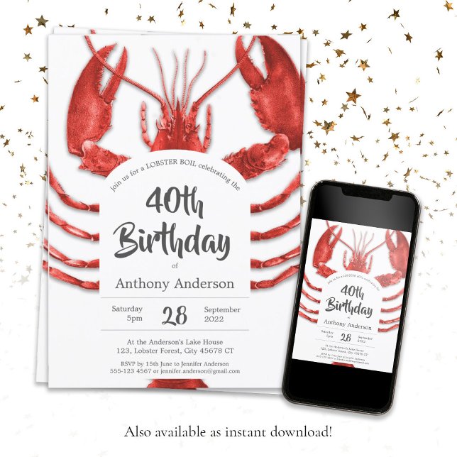 Invitation Boule de homard blanc rouge sur mesure fête d'anni (Red White Lobster Boil Custom Birthday Party Invitation)