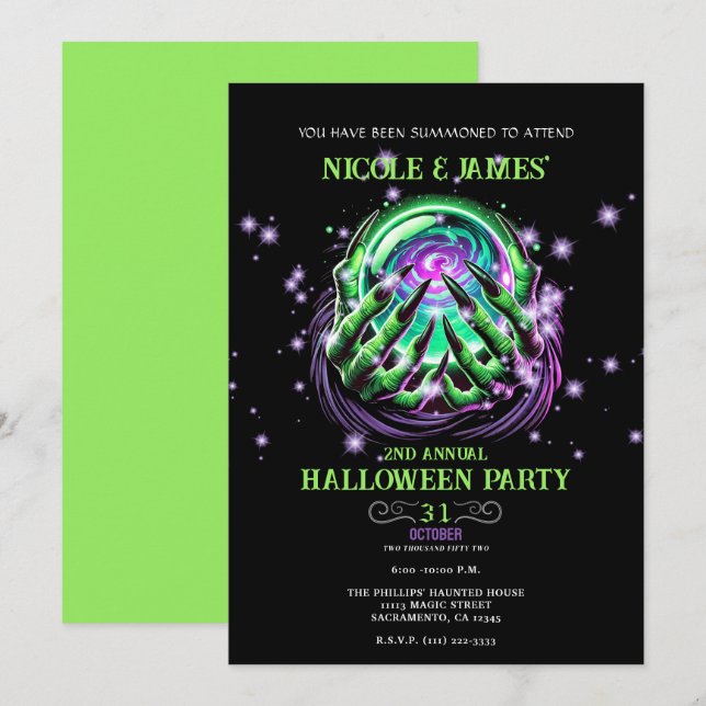 Invitation Boule de magie de sorcière verte Fête d'Halloween (Devant / Derrière)