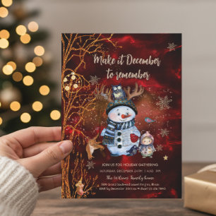 Invitation Boule de neige et personnages de Noël en rouge or 