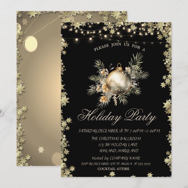 Invitation Boule de Noël à l'aquarelle Branches Étoiles Fêtes (Devant / Derrière)