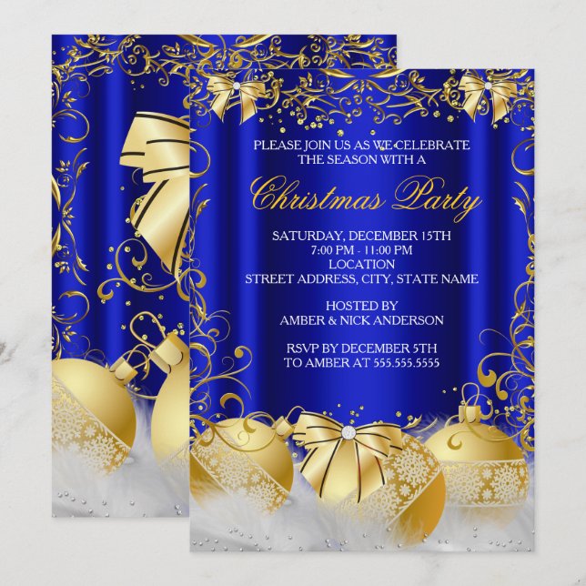 Invitation Boule de Noël Blanche Arc Royal Bleu Doré Fête de  (Devant / Derrière)