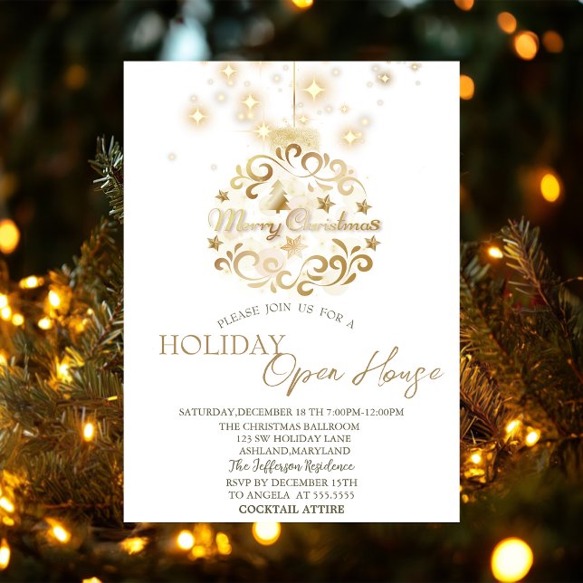 Invitation Boule de Noël dorée scintillement maison ouverte p (Créateur téléchargé)