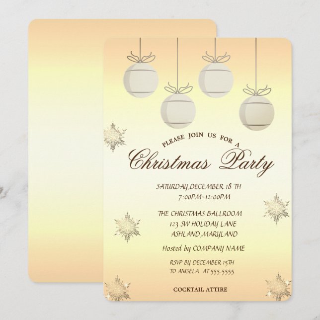 Invitation Boule de Noël dorée  Soirée d'entreprise de Noël (Devant / Derrière)