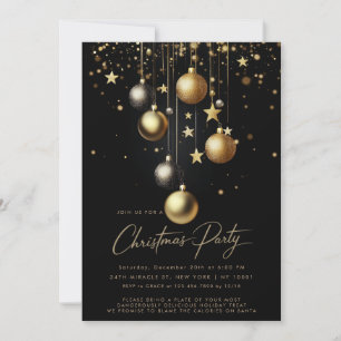 Invitation Boule de Noël élégante noire et dorée scintillante