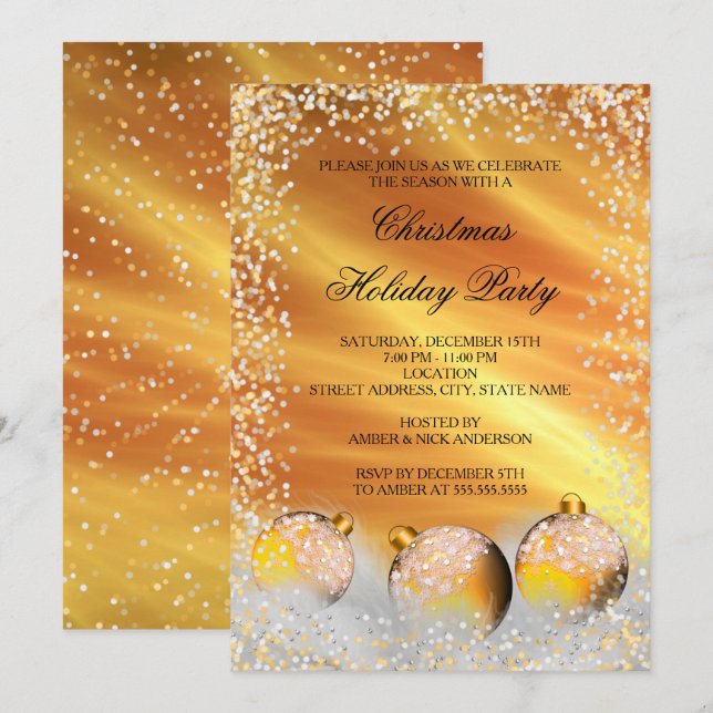 Invitation Boule de Noël en or jaune pour fête de Noël (Devant / Derrière)