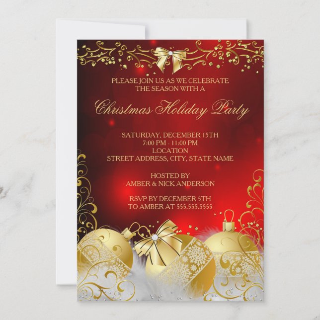 Invitation Boule de Noël Fête Party Rouge Or Blanc (Devant)