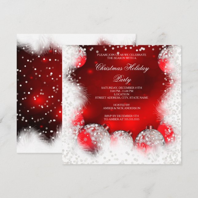 Invitation Boule de Noël Rouge Blanc Flocon de Neige Fête de  (Devant / Derrière)
