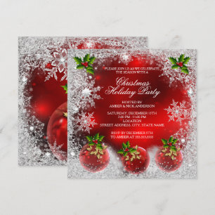 Invitation Boule de Noël Rouge en Houx Fête de Noël Flocon de