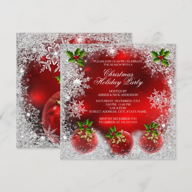 Invitation Boule de Noël Rouge en Houx Fête de Noël Flocon de (Devant / Derrière)