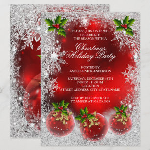 Invitation Boule de Noël Rouge Holly Fête de Noël Flocon de N