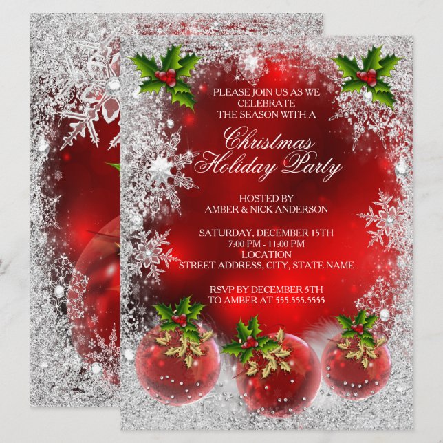 Invitation Boule de Noël Rouge Holly Fête de Noël Flocon de N (Devant / Derrière)