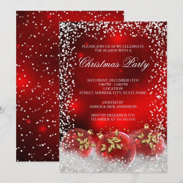 Invitation Boule de Noël Rouge Or Snow Fête de Noël (Devant / Derrière)