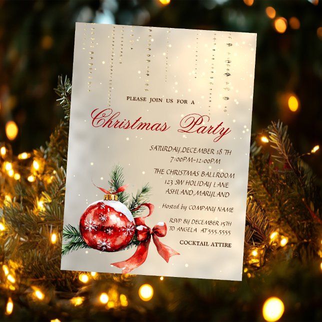 Invitation Boule de Noël rouge, ruban de fête (Créateur téléchargé)