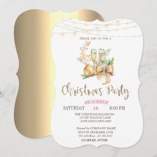 Invitation Boule de Noël, Verre de vin, Lumières Or Noël