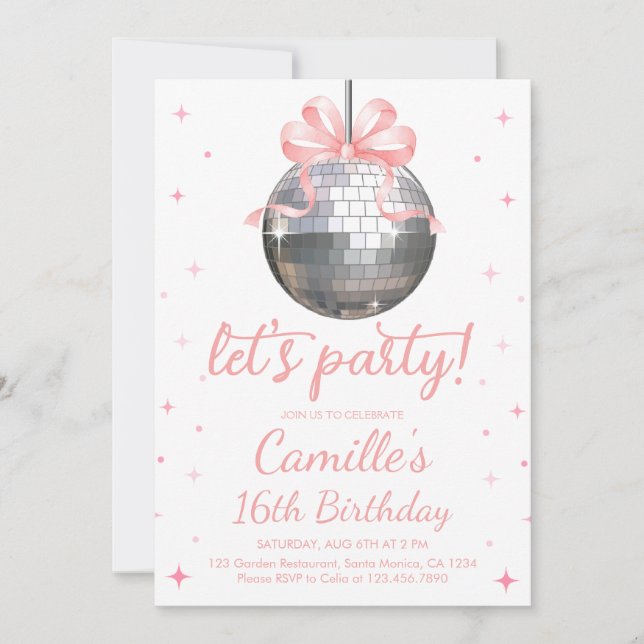 Invitation Boule Disco Argent | arc rose Anniversaire (Devant)