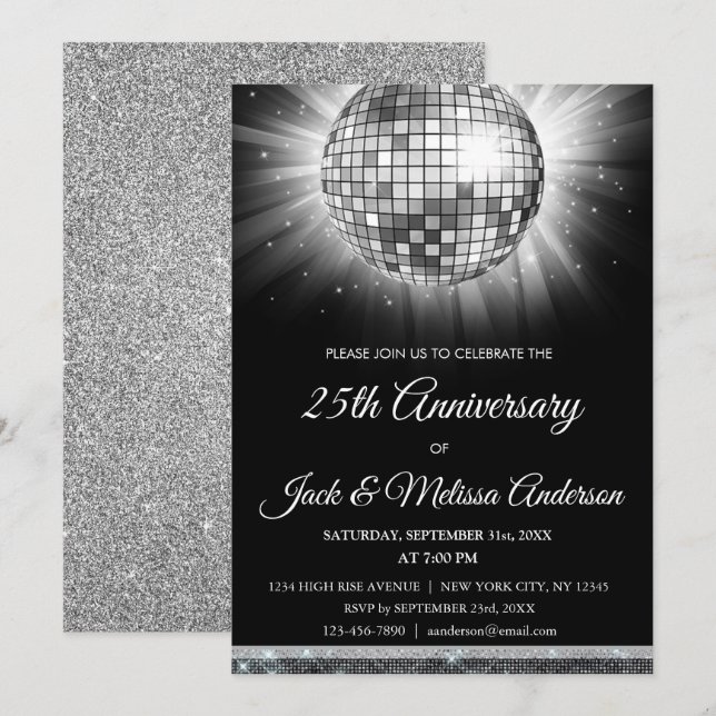 Invitation Boule disco argentée pour fête d'anniversaire de m (Devant / Derrière)