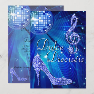 Invitation Boule disco bleue espagnole et talons à paillettes