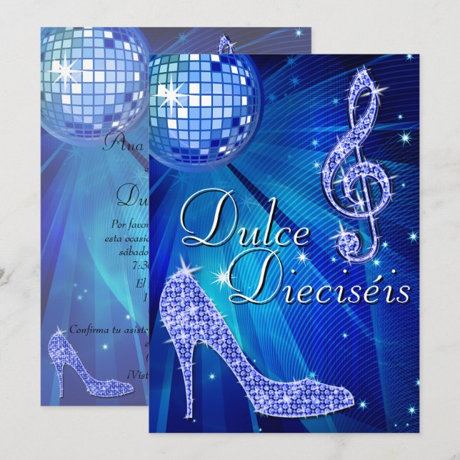 Invitation Boule disco bleue espagnole et talons à paillettes (Devant / Derrière)