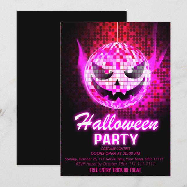 Invitation Boule disco Citrouille Rose Néon Halloween (Devant / Derrière)