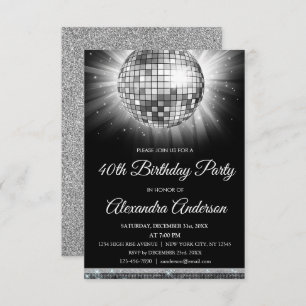 Invitation Boule Disco de fête d'anniversaire de 40e Argent