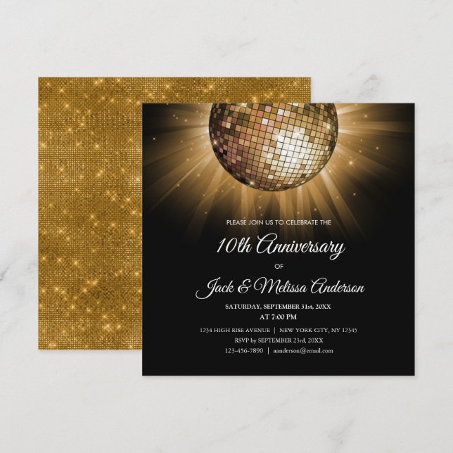 Invitation Boule disco dorée pour fête d'anniversaire de mari (Devant / Derrière)