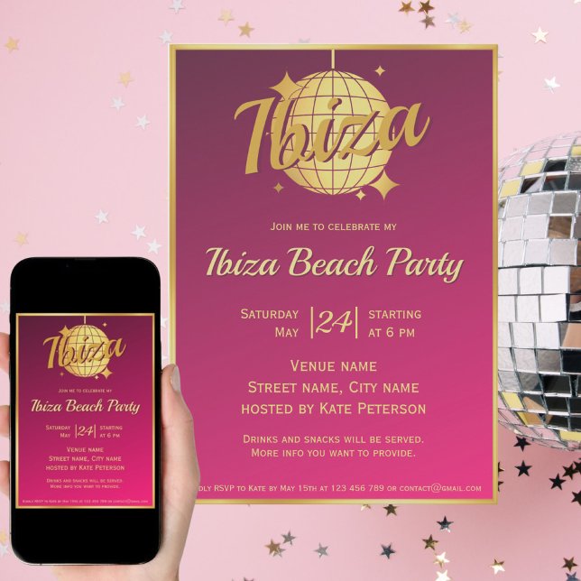 Invitation Boule disco dorée thème Ibiza eivissa rose soirée  (Créateur téléchargé)