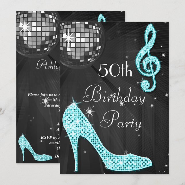 Invitation Boule Disco et talons Noir & Turquoise 50e (Devant / Derrière)