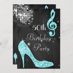 Invitation Boule Disco et talons Noir & Turquoise 50e