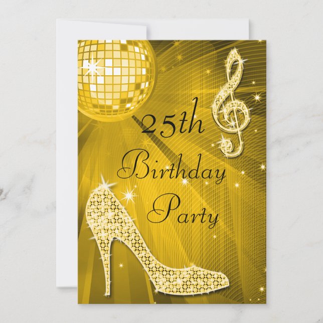 Invitation Boule disco et talons pour 25e anniversaire (Devant)