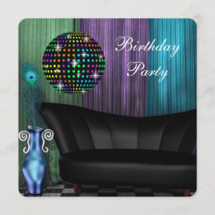 Invitation Boule disco miroir paon violet Fête d'anniversaire