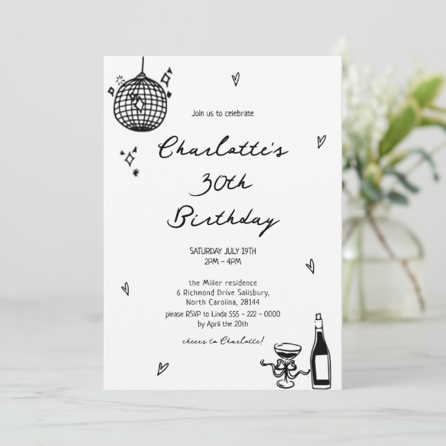 Invitation Boule disco moderne Hand Drawn 30e anniversaire (Debout devant)
