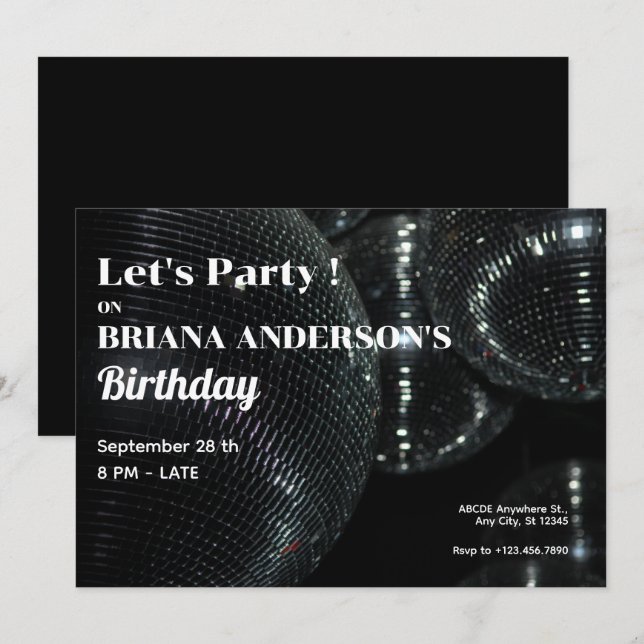 Invitation Boule disco noire  (Devant / Derrière)