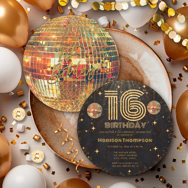 Invitation Boule disco Or Noir Anniversaire 16 ans Fête  (Créateur téléchargé)