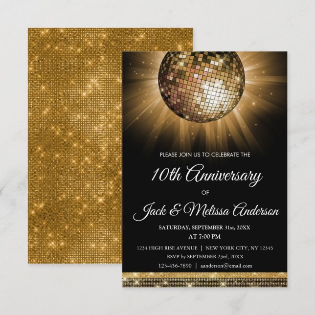 Invitation Boule disco or pour fête d'anniversaire de mariage (Devant / Derrière)