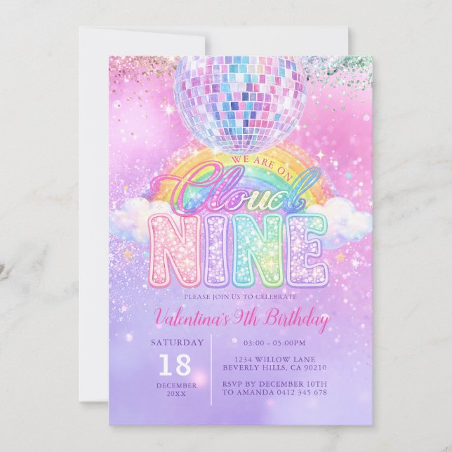 Invitation Boule Disco Paillettes Anniversaire Cloud Nine Pas (Devant)