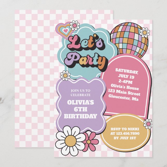 Invitation Boule disco pastel rétro et Joyeux anniversaire ma (Devant / Derrière)