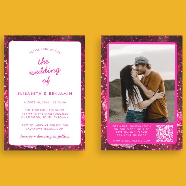 Invitation Boule Disco Rétro Code QR Photo Rose Chaud Mariage (Front and Back)