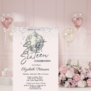 Invitation Boule Disco Rétro Lumière Rose Sweet 16