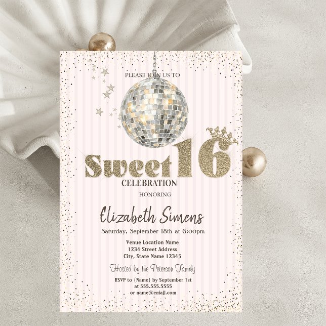 Invitation Boule Disco Rétro Rayée Sweet 16 (Créateur téléchargé)