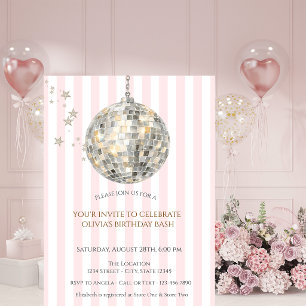 Invitation Boule disco rétro rayures roses Anniversaire