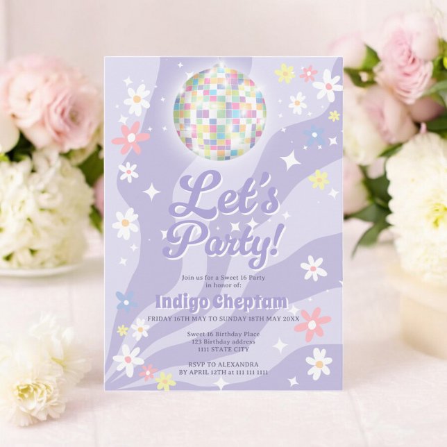 Invitation Boule disco rétro super des années 70 à fleurs Swe (Groovy retro disco ball 70's floral Sweet 16 Invitation)