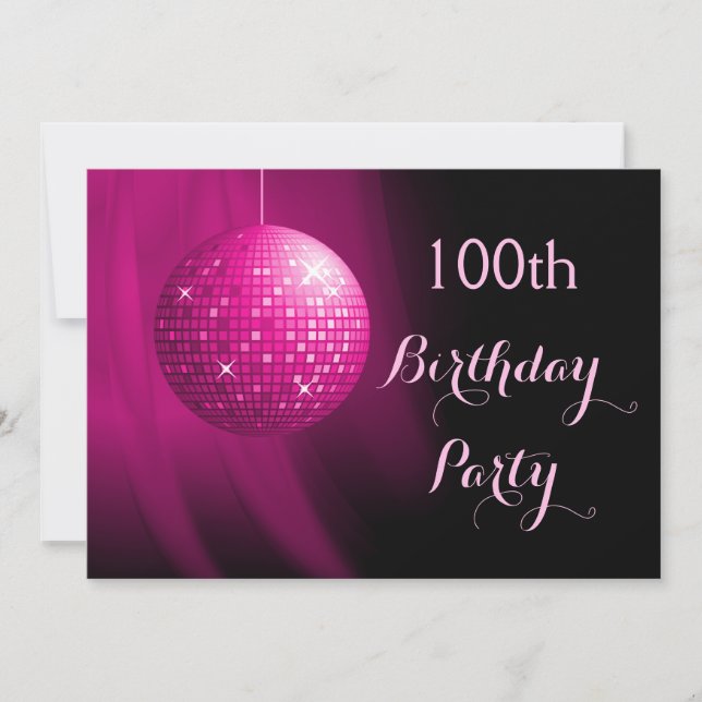 Invitation Boule disco rose vif pour un 100e anniversaire gla (Devant)