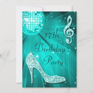 Invitation Boule Disco turquoise et talons d'étincelles 17e a