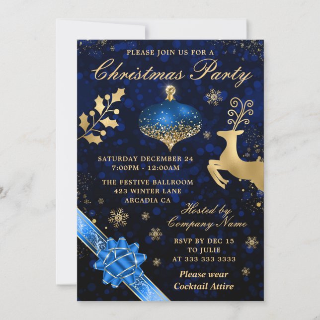 Invitation Boule et ruban de Noël Blue & Gold pour fête (Devant)
