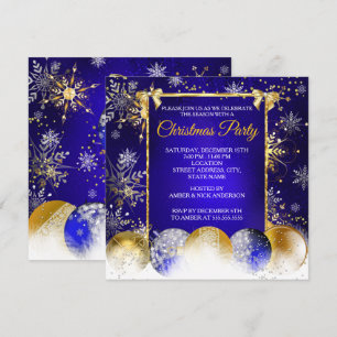 Invitation Boule Flocon de Neige Bleu Or Fête de Noël