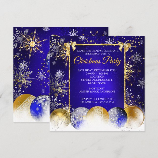 Invitation Boule Flocon de Neige Bleu Or Fête de Noël (Devant / Derrière)