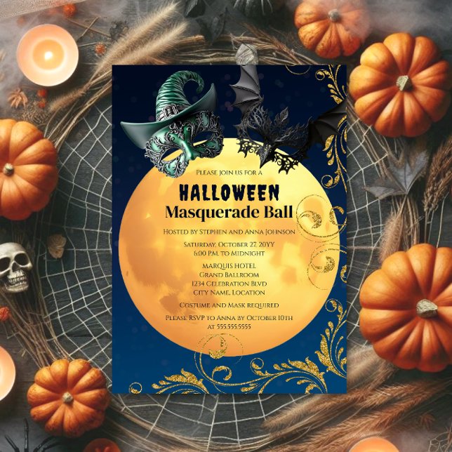 Invitation Boule Mascarade Pleine lune Halloween (Halloween masquerade ball invitation with blue bokeh background and full moon.  Front of invite.)